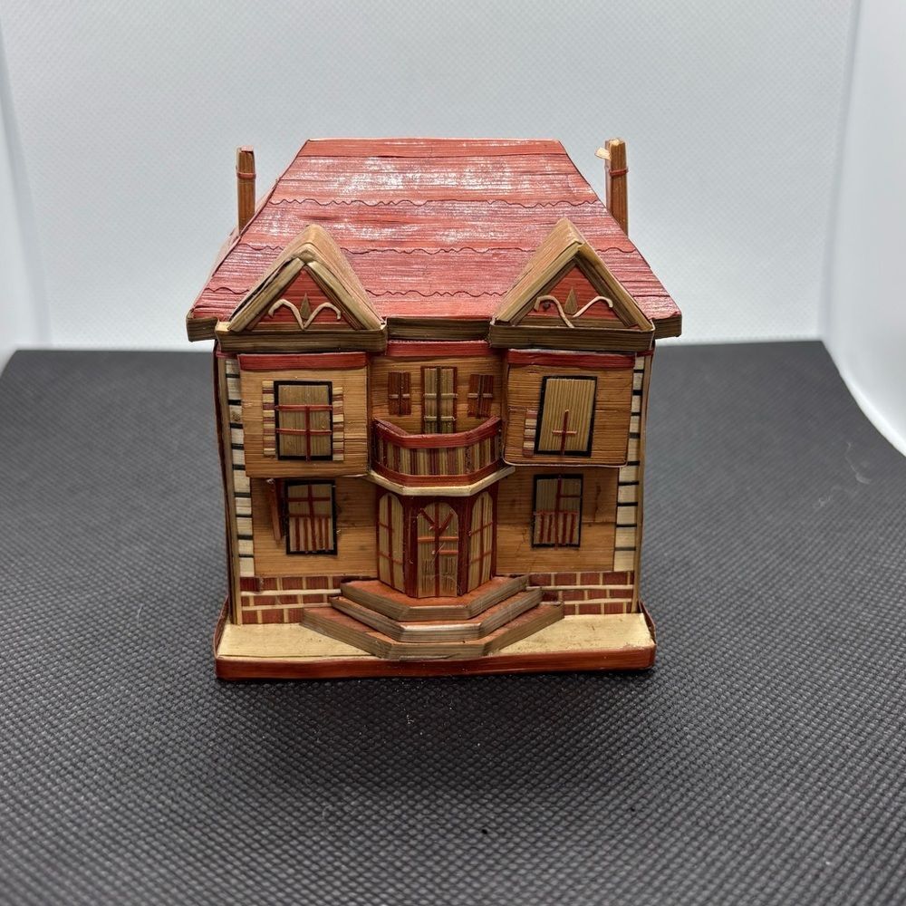Vintage Chinese Balsa Wood and Straw House Trinket Box.
